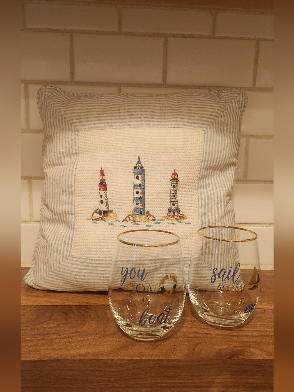 Nautical Needle Point  Pillow And Mikasa Wine Glass Set